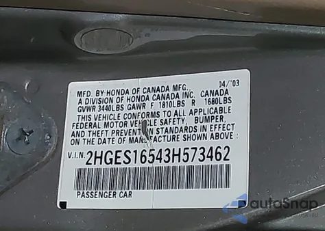 2003 Honda Civic Lx from USA, damaged, VIN 2HGES16543H573462